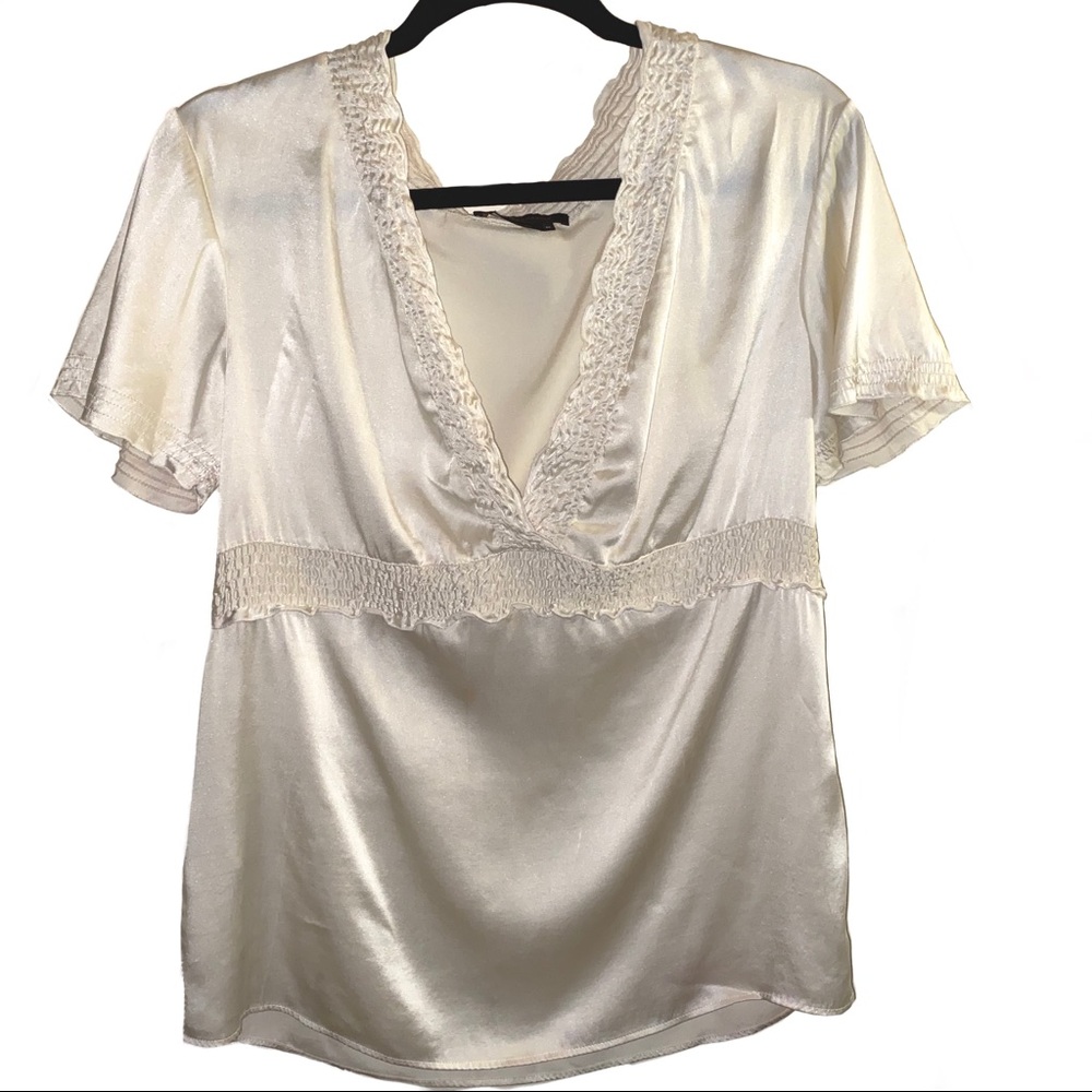 BCBGMAXAZIRA- White V-Neck Silk Blouse